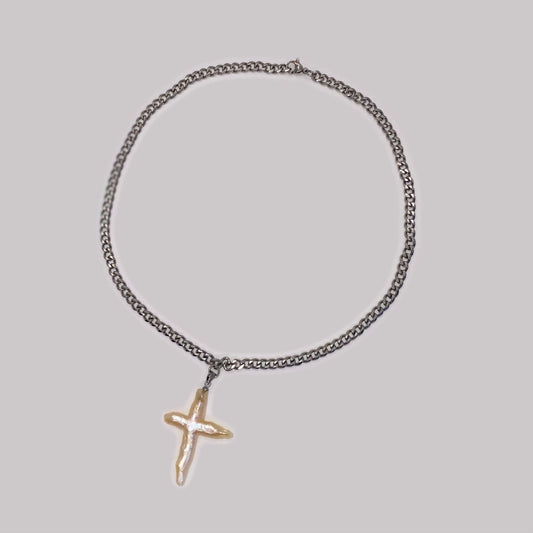 Pearl Cross x Curb Chain Necklace